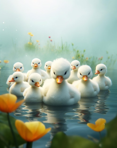 Una imagen de un grupo de patos flotando en un lago con flores y un cielo de fondo.