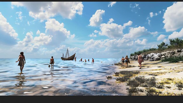 Una imagen de un grupo de personas caminando por una playa. La gente está vestida con ropa griega antigua.