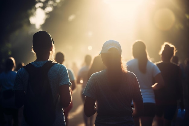 Imagen de un grupo de personas que participan en una caminata o carrera benéfica Bokeh del Día Mundial de la Salud