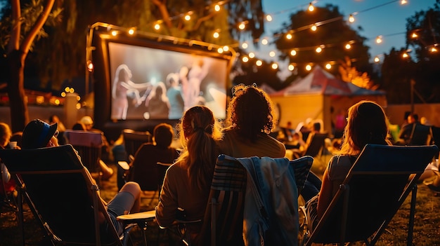 Una imagen de un grupo de personas sentadas en sillas y viendo una película proyectada en una pantalla en un patio trasero