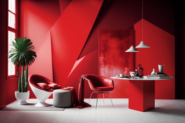 Una imagen de una habitación con acentos de Pantone rojo y muebles de buen gusto
