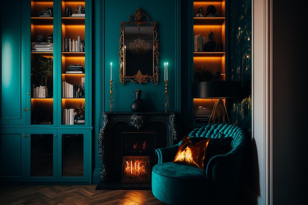 Una imagen de una habitación con un diseño de estantes de gabinete de pared que muestra detalles en turquesa