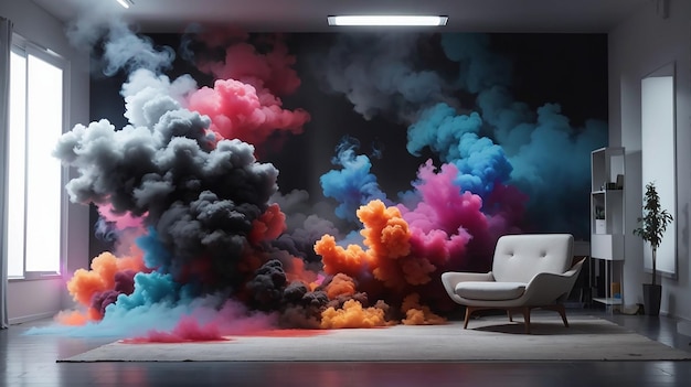 Imagen de una habitación oscura y un colorido fondo blanco de humo oscuro.