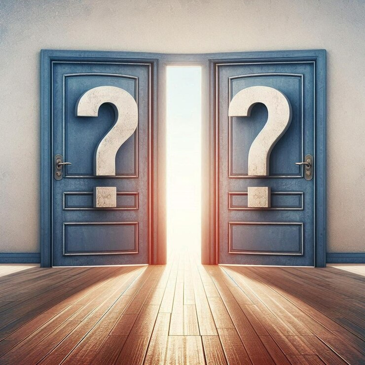 una imagen de una habitación con puertas azules y un signo de pregunta en la puerta