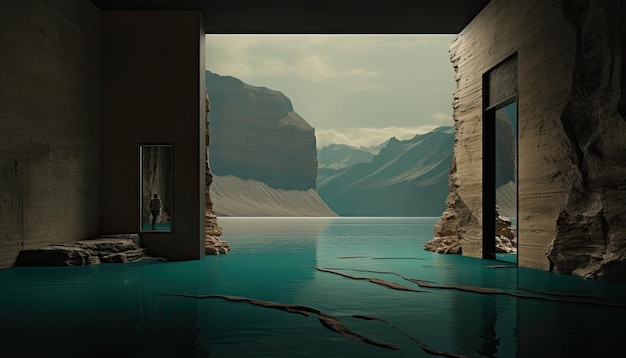 Una imagen de una habitación sin usar con un enorme lago y un desierto en un enorme agujero
