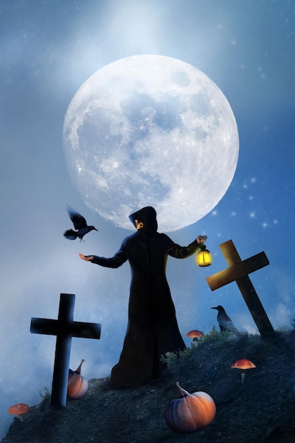 Imagen de Halloween Mago y cruces en la luna