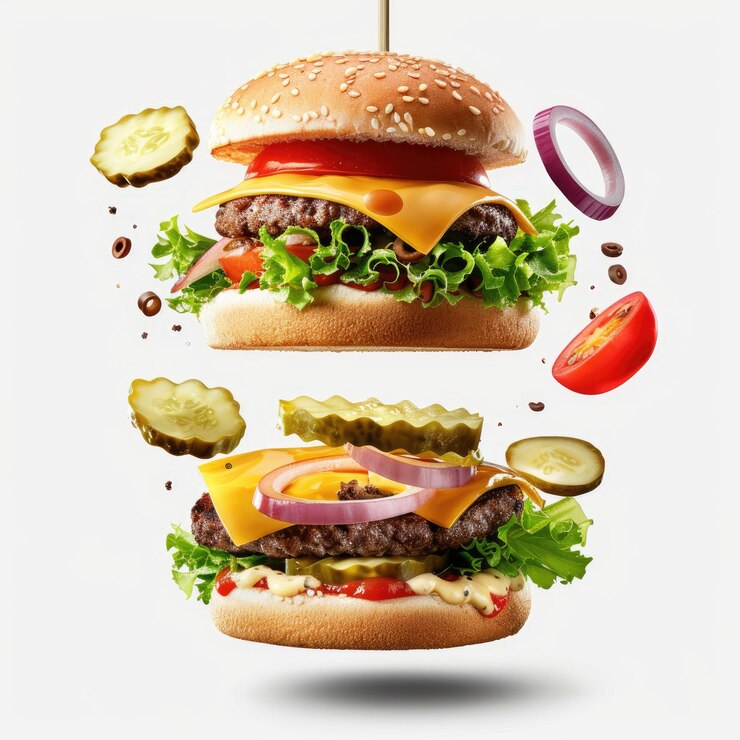 una imagen de una hamburguesa y una hamburguese con un tenedor en ella