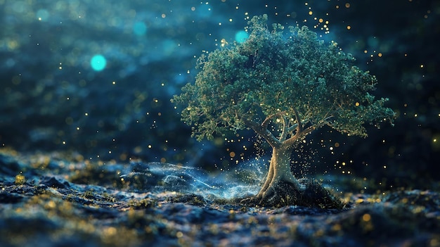 Imagen hecha por ilustrador de un holograma de árbol genealógico entrelazado con plantas con raíces reales bienestar generacional