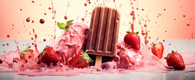 imagen de helado de fresa y chocolate con hermosas fresas alrededor