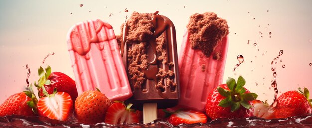 Foto imagen de helado de fresa y chocolate con hermosas fresas alrededor