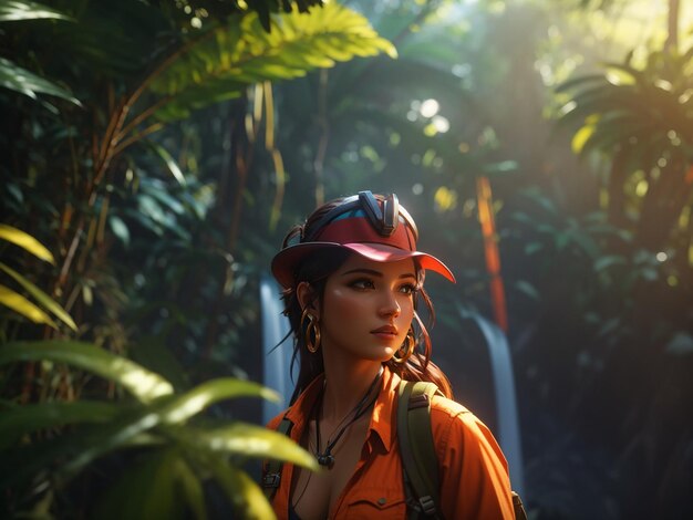 Imagen de una hermosa chica de aventura caminando por la selva