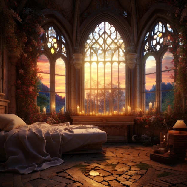 Imagen de una hermosa habitación de estilo romántico con luces tenue y flores con vistas a la puesta de sol y el bosque