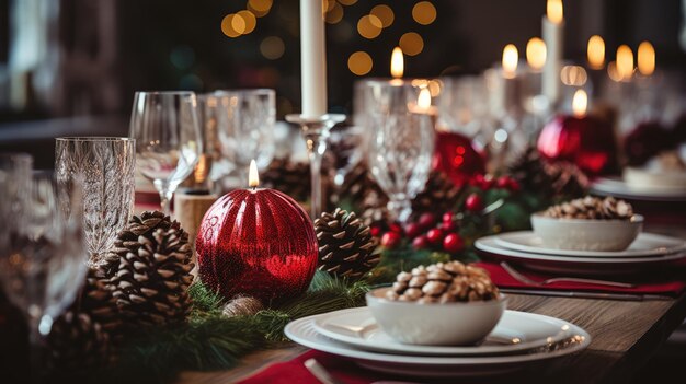 Una imagen de una hermosa mesa de comedor con adornos navideños festivos