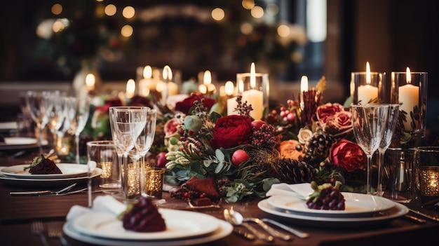 Una imagen de una hermosa mesa de comedor con adornos navideños festivos