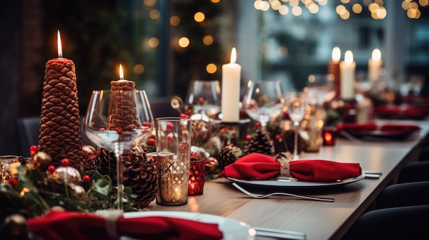 Una imagen de una hermosa mesa de comedor con adornos navideños festivos