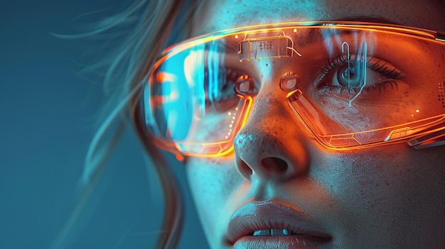 Una imagen de una hermosa mujer con gafas futuristas