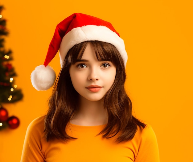 imagen de una hermosa mujer joven con sombrero de Navidad en fondo naranja