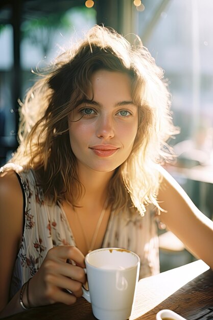 Foto imagen de una hermosa mujer joven con un traje de verano bebiendo una taza de café o té caliente por la mañana