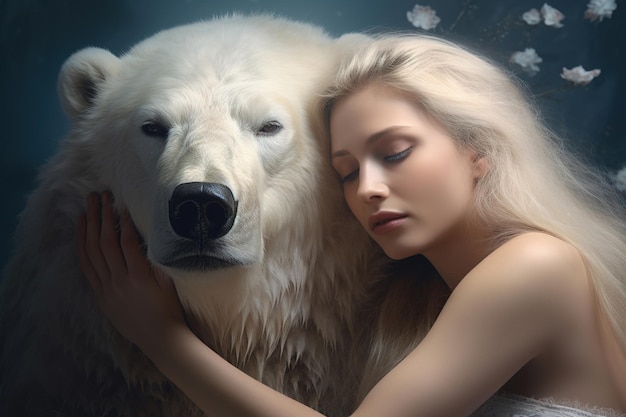 Imagen de una hermosa mujer y un oso blanco expresando amistad Ilustración animal IA generativa
