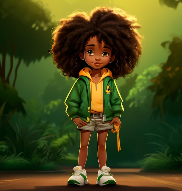 Imagen de una hermosa niña con dibujos animados de pelo afro.