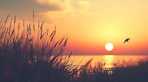 Imagen de una hermosa puesta de sol sobre el océano El sol se pone detrás de la hierba alta proyectando un caloroso resplandor sobre la escena Un pájaro vuela en el cielo