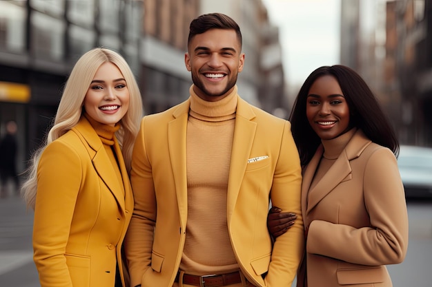 Imagen de una hermosa sonrisa positiva jóvenes alegres amigos multirraciales posando aislados sobre la ciudad