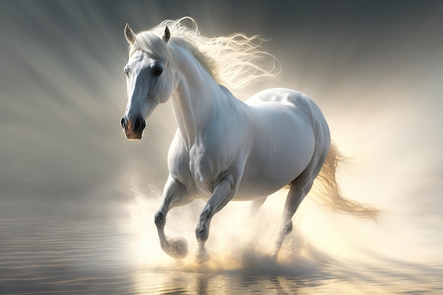 Imagen de un hermoso caballo blanco corriendo sobre un fondo natural Ilustración de animales salvajes IA generativa