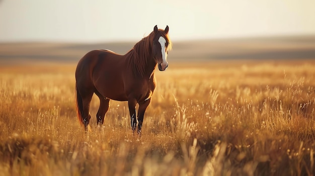 Foto imagen de un hermoso caballo salvaje de pie en un campo dorado de trigo el caballo es marrón y blanco con una larga melena y cola que fluye