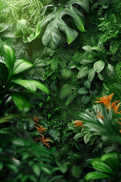 Imagen hiperrealista en 3D de una selva verde exuberante con un animal salvaje oculto mirando a través de la