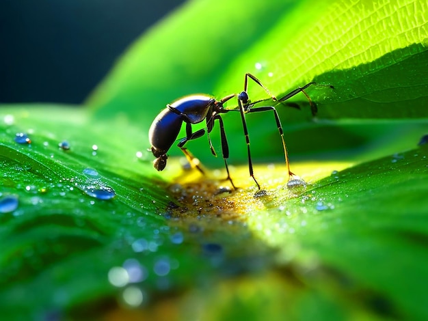 Una imagen hiperrealista de una hormiga con su exoesqueleto brillando en el rocío de la mañana en un verde vibrante.
