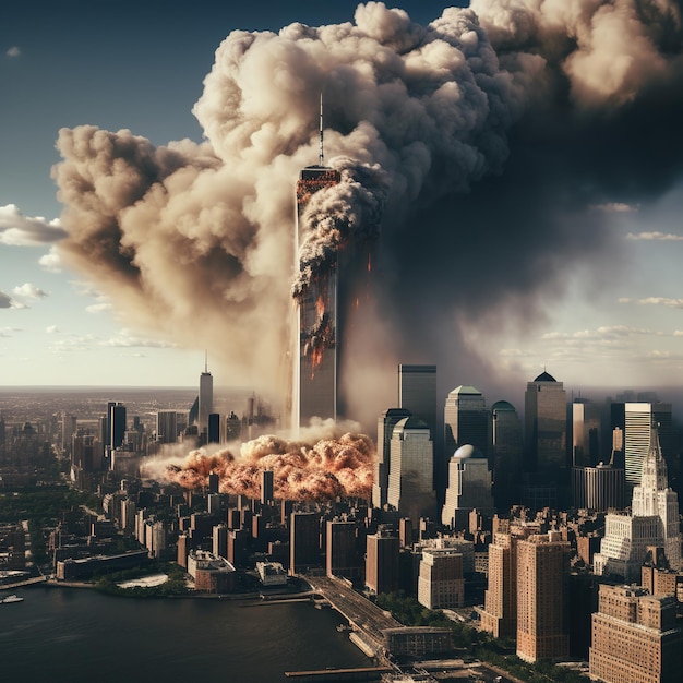 Imagen hiperrealista que representa la destrucción de las torres gemelas de la ciudad de Nueva York el 11 de septiembre Generative Ai