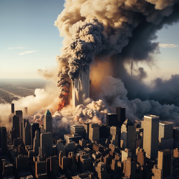 Imagen hiperrealista que representa la destrucción de las torres gemelas de la ciudad de Nueva York el 11 de septiembre Generative Ai