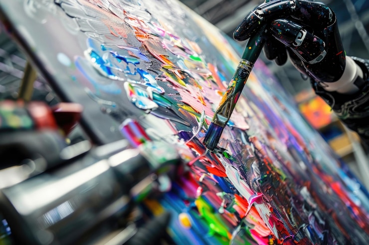 Foto una imagen hipnotizante de un artista robot creando una hermosa pintura con pinceladas fluidas
