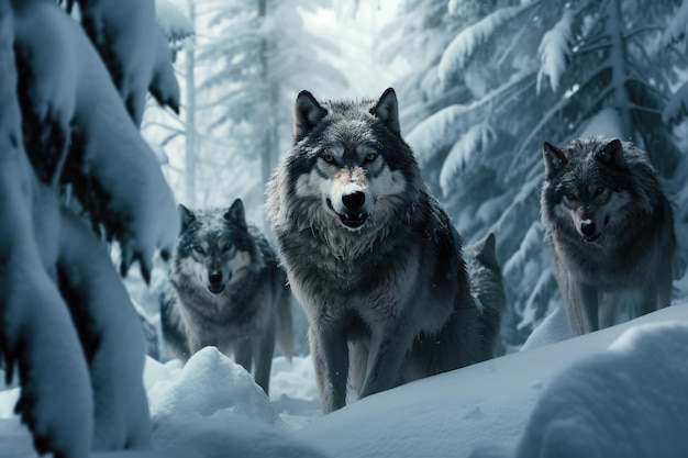 Una imagen hipnotizante que captura a una manada de lobos mientras atraviesan con gracia un bosque invernal Una manada de lobos cazando en el bosque nevado Generado por IA