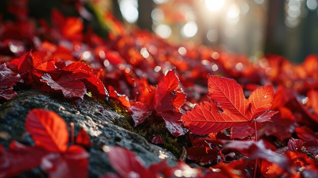 La imagen de la hoja roja en el bosque en el suelo y la luz brillante aigx