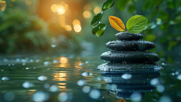 Una imagen de hojas griegas sobre piedras zen piramidadas en una superficie de agua