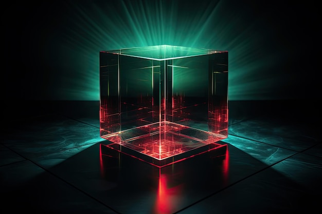 Una imagen holográfica de un cubo rojo-verde brillante sobre un fondo oscuro