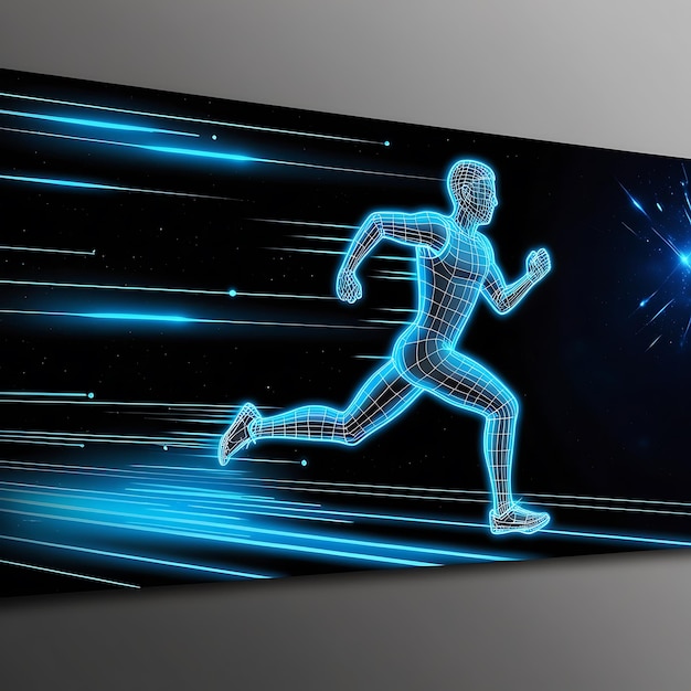 una imagen de un hombre corriendo con un fondo azul con una luz azul