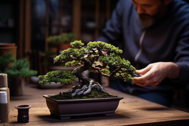 Imagen de un hombre cuidando de su bonsai Concepto de arte japonés con árboles Fotografía creada con IA