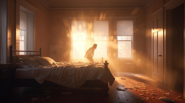 una imagen de un hombre en un dormitorio con una ventana en el fondo