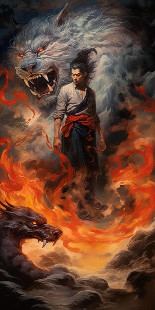 una imagen de un hombre con un dragón negro en la parte inferior de su camisa