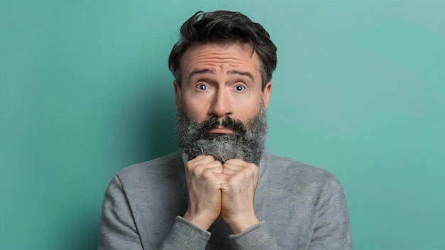 Imagen de un hombre europeo indeciso sin afeitar con barba gruesa sostiene la barbilla bolsas labios con exp sin idea