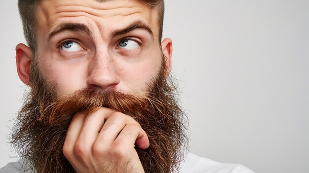 Imagen de hombre europeo indeciso sin afeitar con barba gruesa sostiene la barbilla bolsas labios con IA generativa