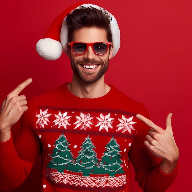 Imagen de un hombre feliz con gafas de fiesta y sombrero de Santa señalando su suéter de Navidad y sonriendo