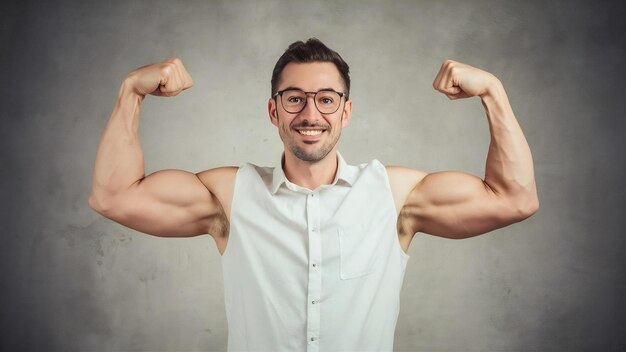 Foto imagen de un hombre gracioso con brazos musculares falsos