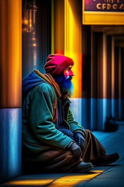 Imagen de un hombre sin hogar, colores descoloridos estilo deco, luz brillante, hdr, muy detallada.