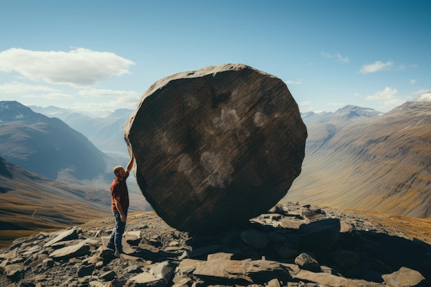 La imagen de un hombre levantando una gran piedra redonda hacia la cima de la montaña