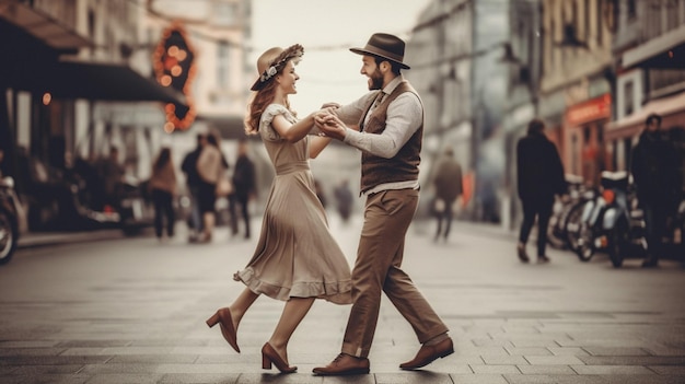 Imagen de un hombre y una mujer bailando en la calle