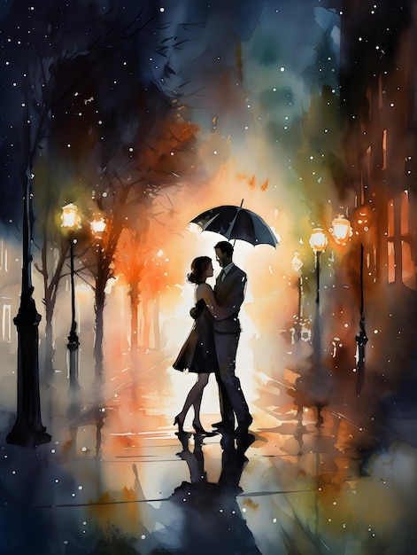 Imagen de un hombre y una mujer bajo un paraguas bajo la lluvia IA generativa