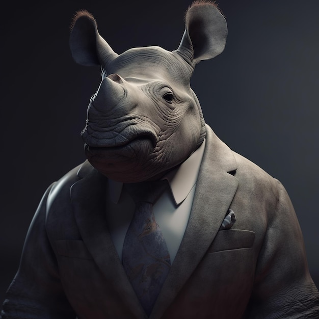 Imagen de un hombre de negocios rinoceronte con un traje sobre un fondo limpio Ilustración de animales salvajes IA generativa